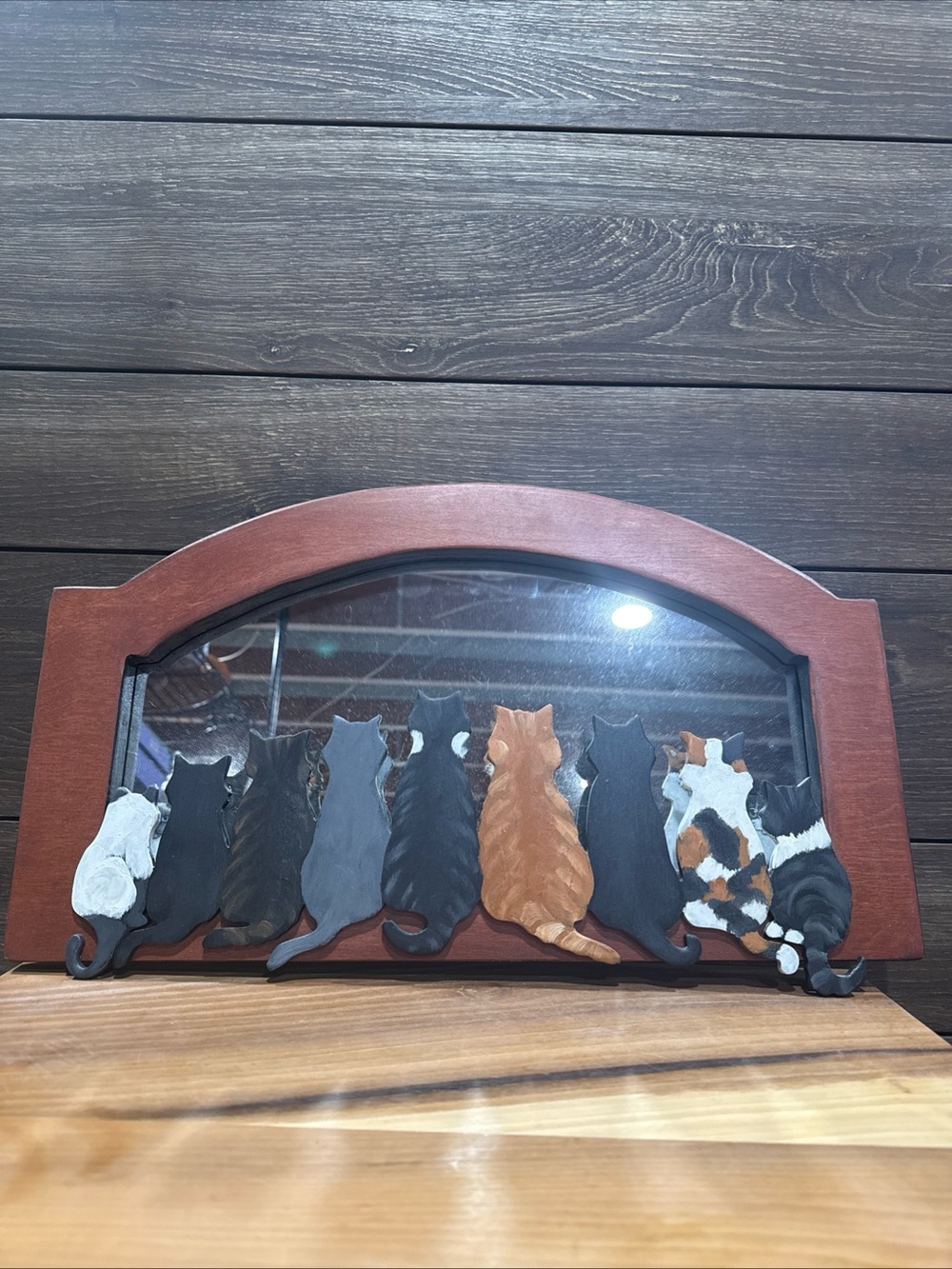 Wood-Framed Cat Row Wall Mirror in Brown and Multi-Color